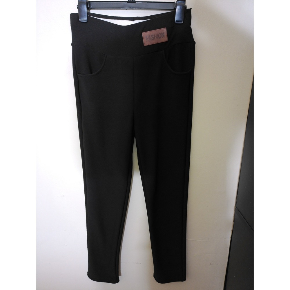 Fashion Fleece Lined Leggings Women Small Black V-Waist Slim Winter Pockets